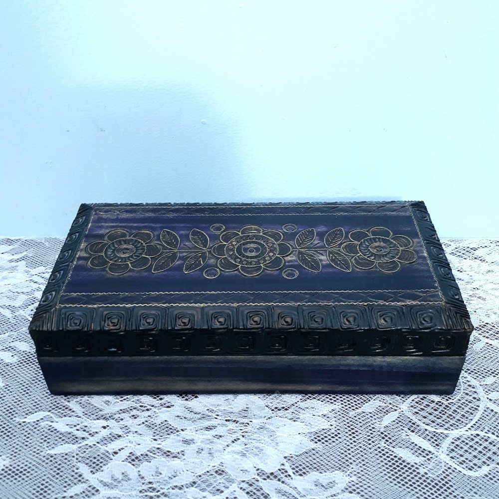 Purple Carved Polish Wooden Jewelry Flowers Floral Black Rectangle Trinket Hinge - Picture 10 of 11